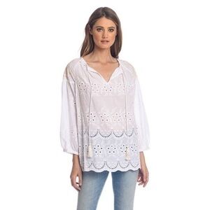 Tolani Brenna White Embroidered Cotton Eyelet Blouse V-Neck Tassel Size Medium